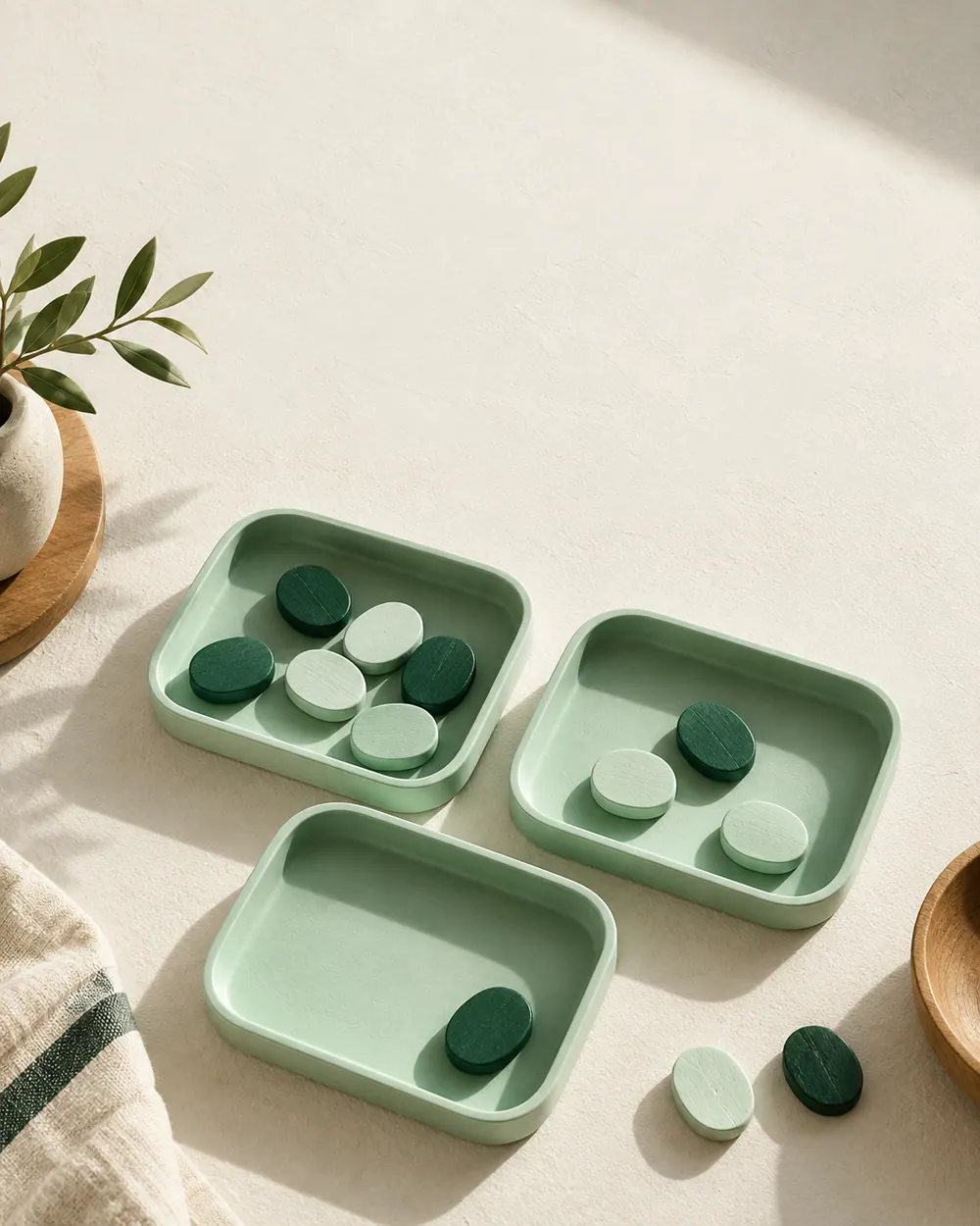 Three mint trays holding different numbers of wooden pieces in daylight