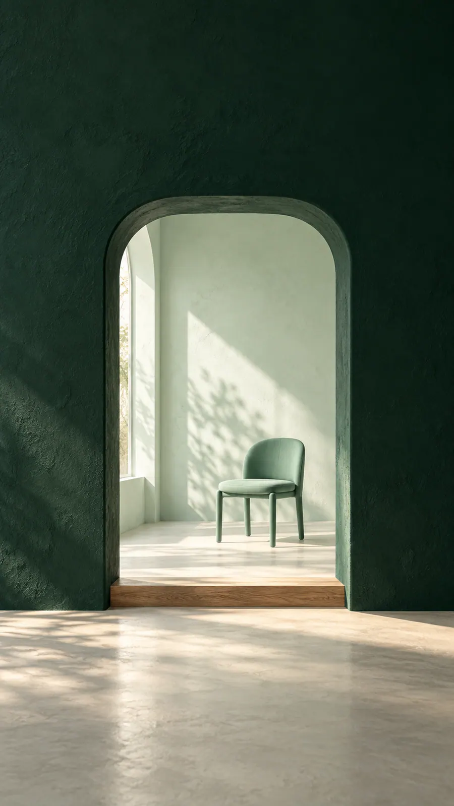 An open doorway leading to a bright room with a mint chair